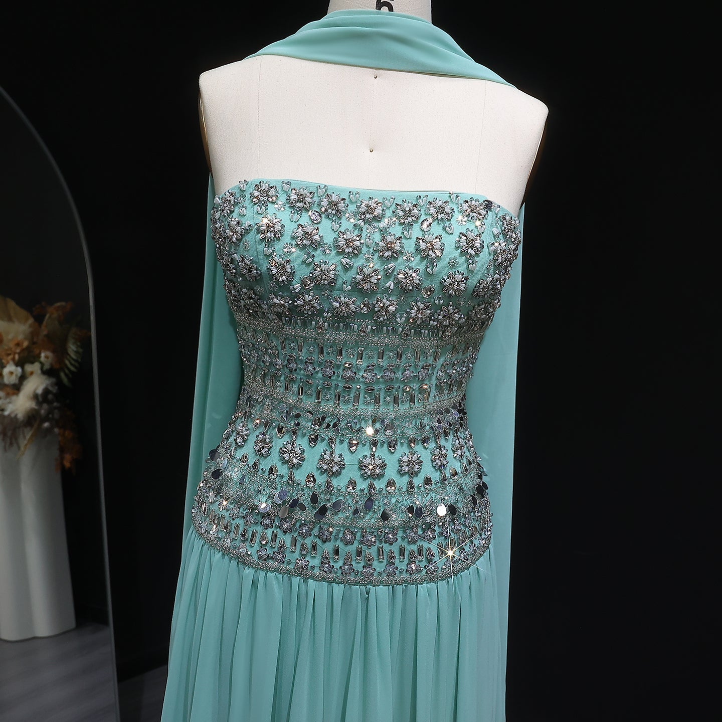 Strapless Lilac Beaded Bodice Evening Dress with Flowing Skirt SS539