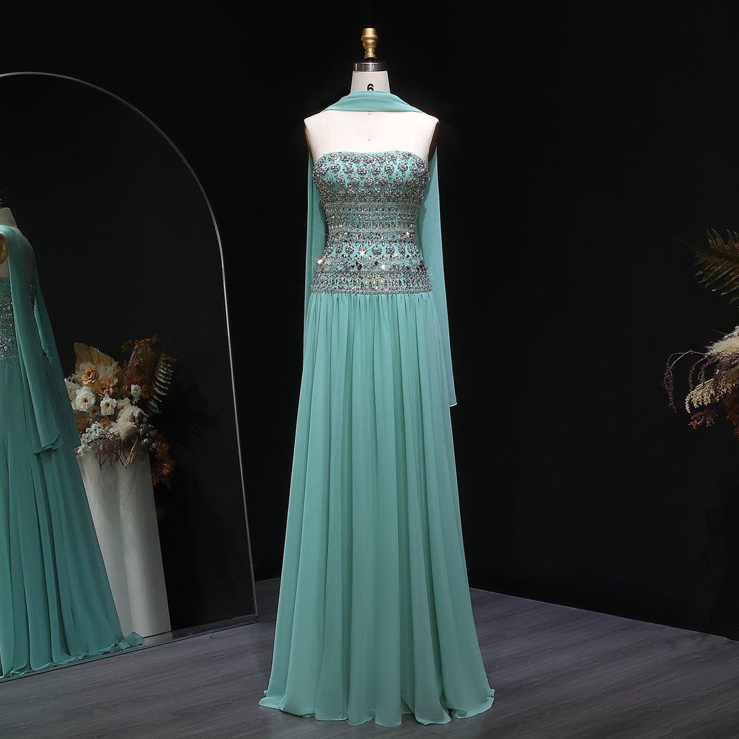 Strapless Lilac Beaded Bodice Evening Dress with Flowing Skirt SS539  Turquoise / US 18