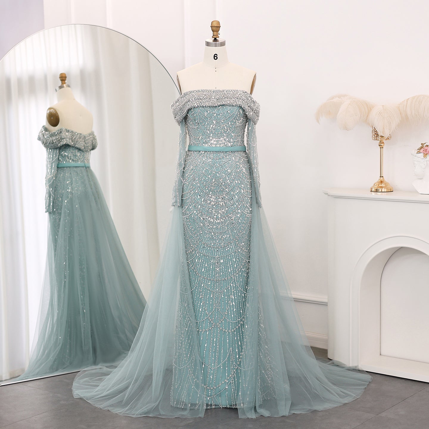 Luxury Off Shoulder Blue Evening Dress with Overskirt SS687 