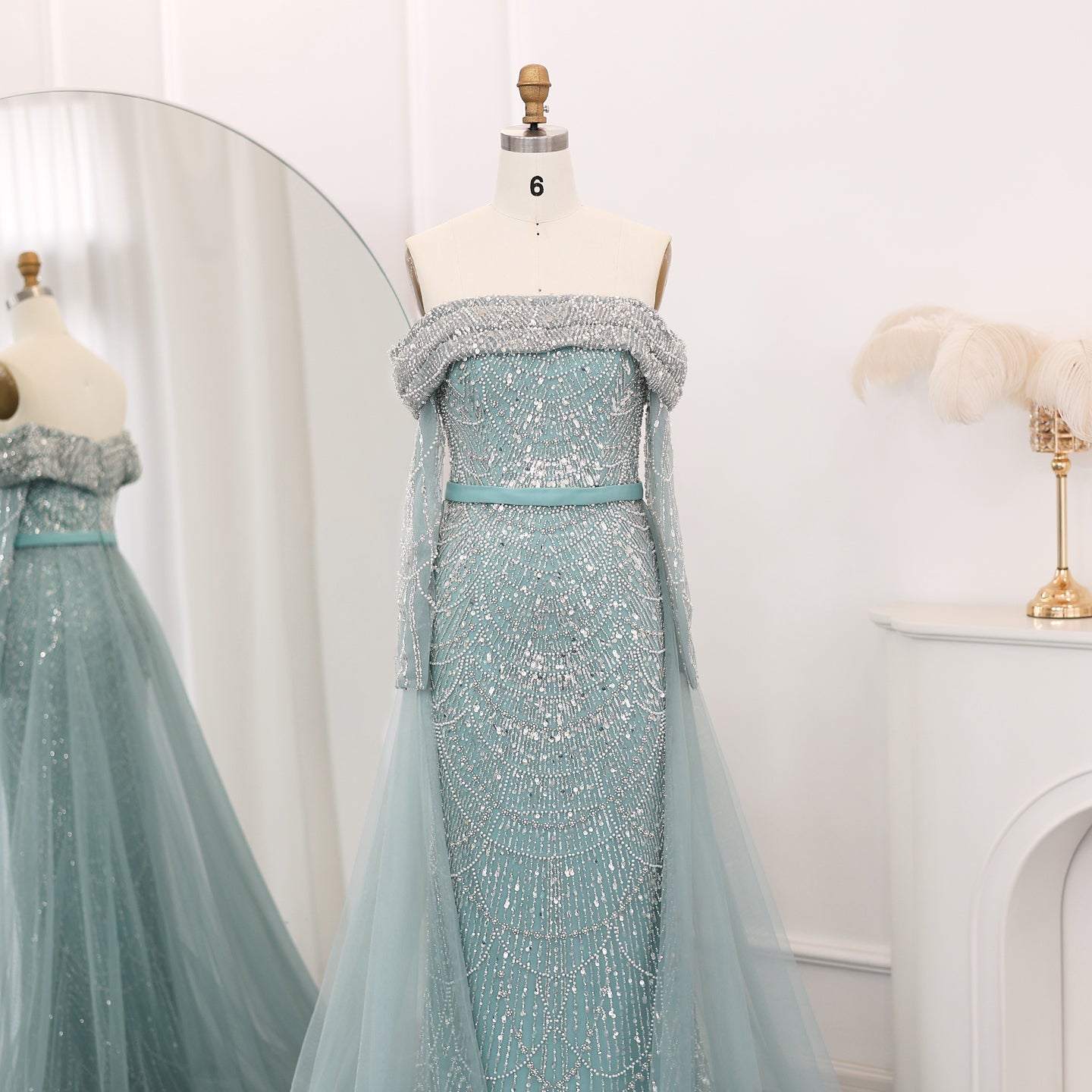 Luxury Off Shoulder Blue Evening Dress with Overskirt SS687 