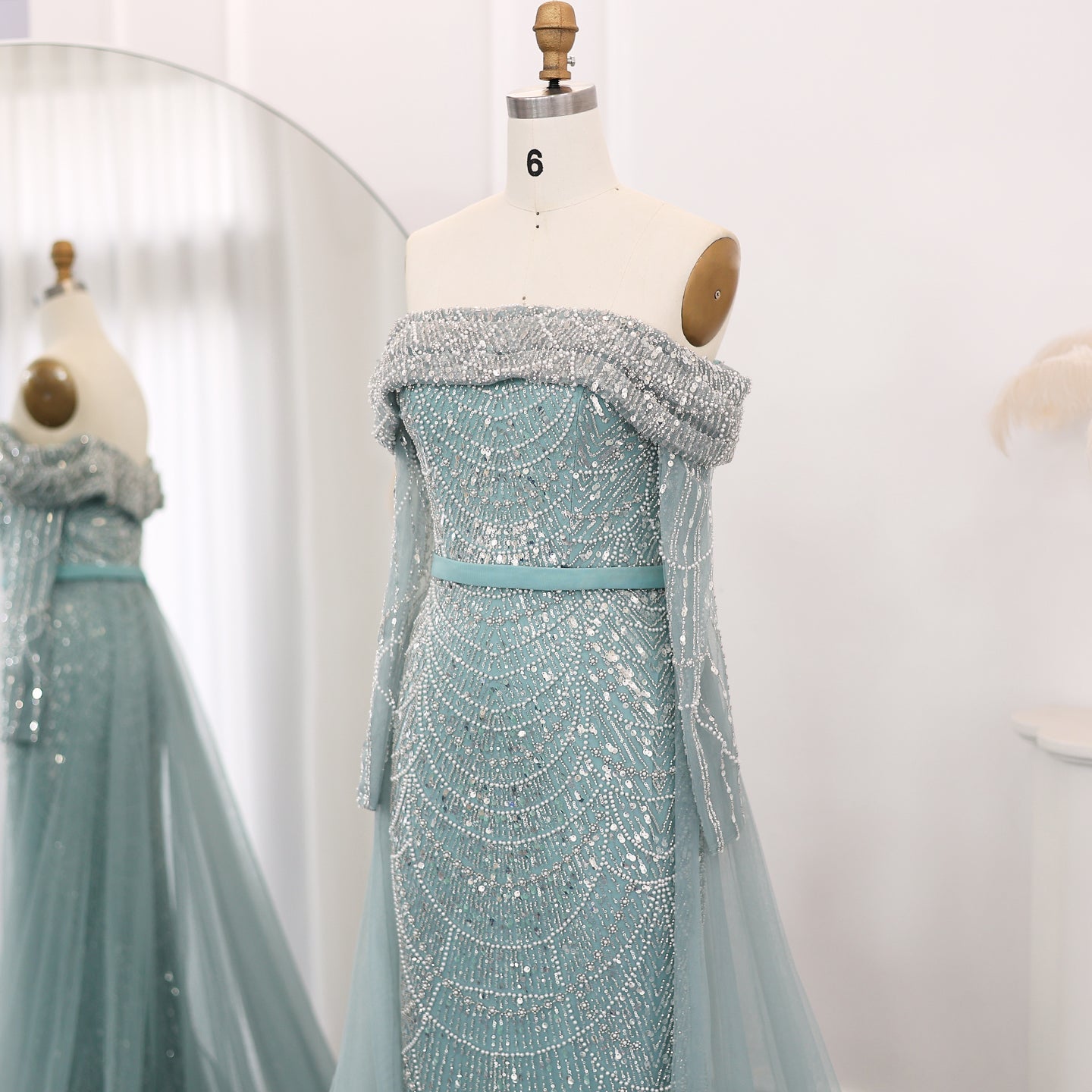 Luxury Off Shoulder Blue Evening Dress with Overskirt SS687 