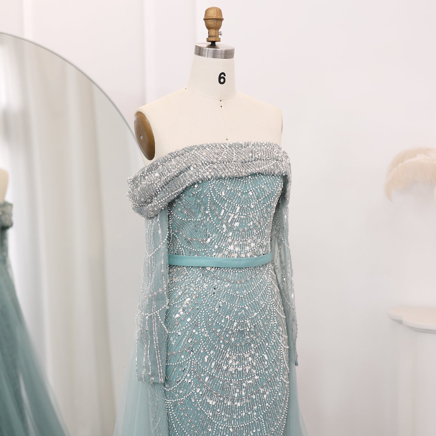 Luxury Off Shoulder Blue Evening Dress with Overskirt SS687 