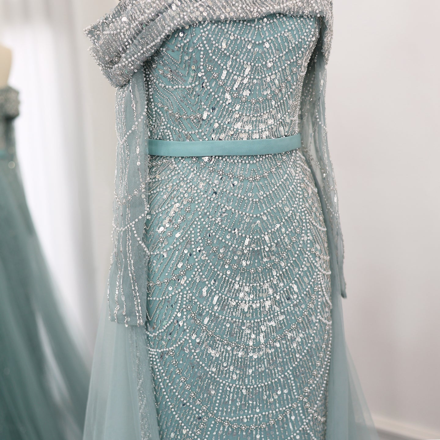 Luxury Off Shoulder Blue Evening Dress with Overskirt SS687 