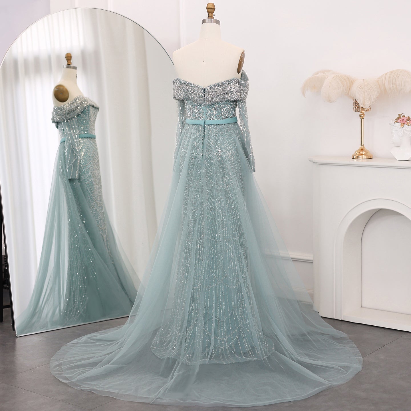 Luxury Off Shoulder Blue Evening Dress with Overskirt SS687 