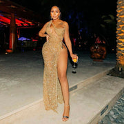 Luxury One-Shoulder Champagne High Slit Cocktail Dress RM087