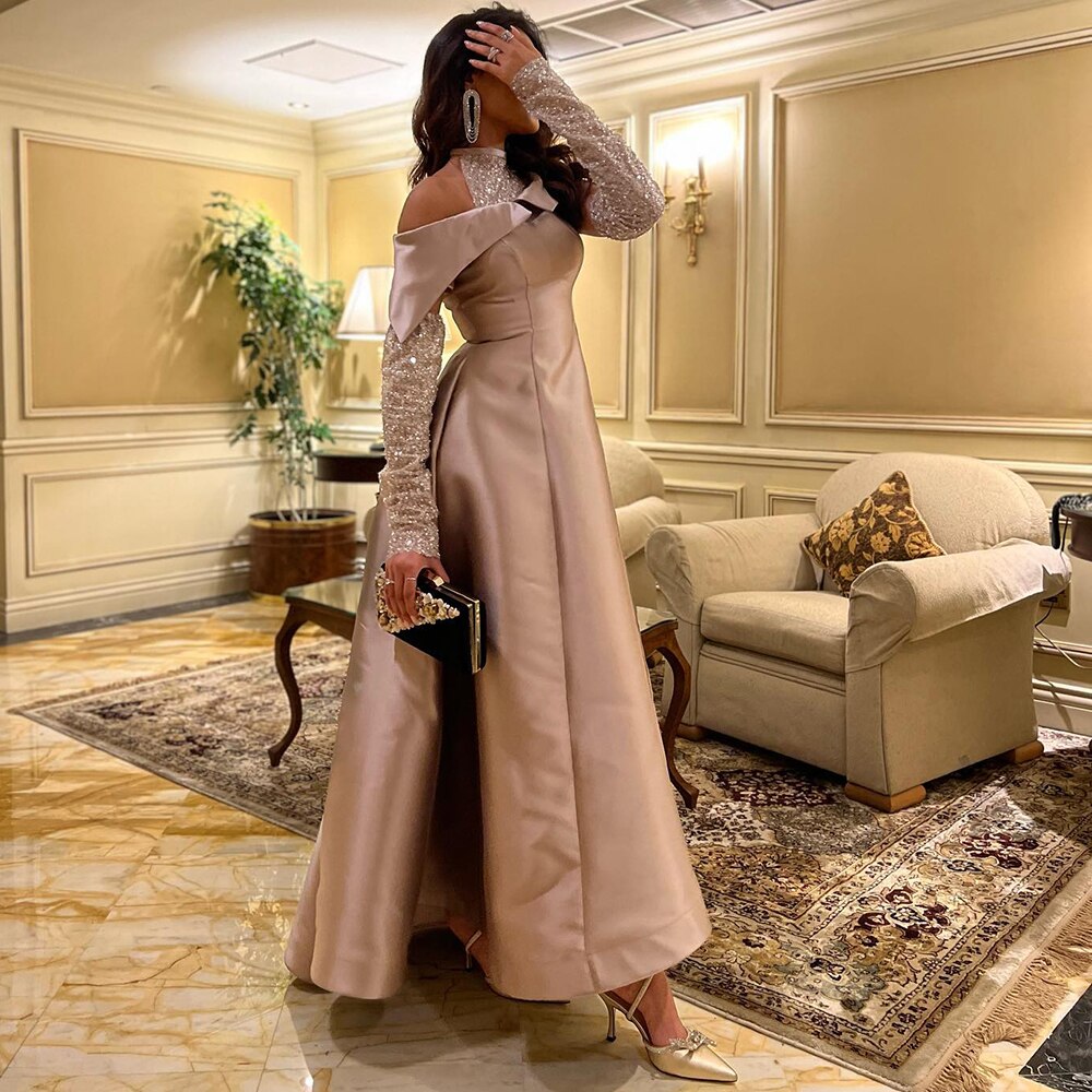 Dreamy Vow Elegant Khaki Satin High Low Dubai Evening Dress for Wedding Party Halter Arabic Women Midi Formal Guest Gowns F 058