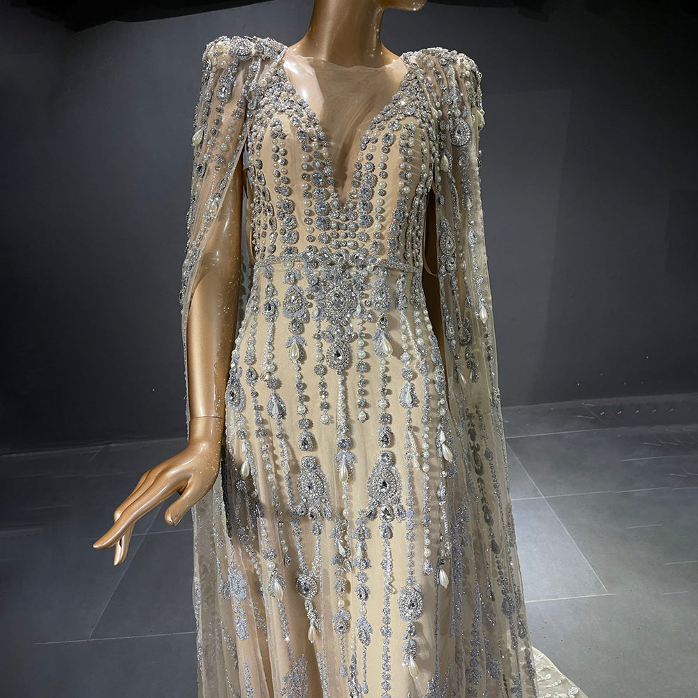 Luxury Crystal Pearls Evening Dress with Cape Sleeves SS750