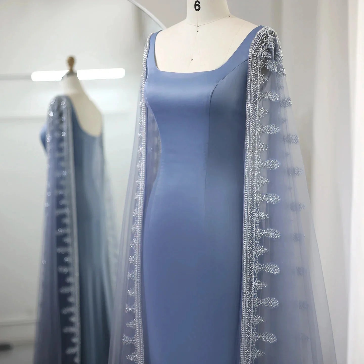Luxury Crystal Blue Evening Dress with Cape Sleeves SS445