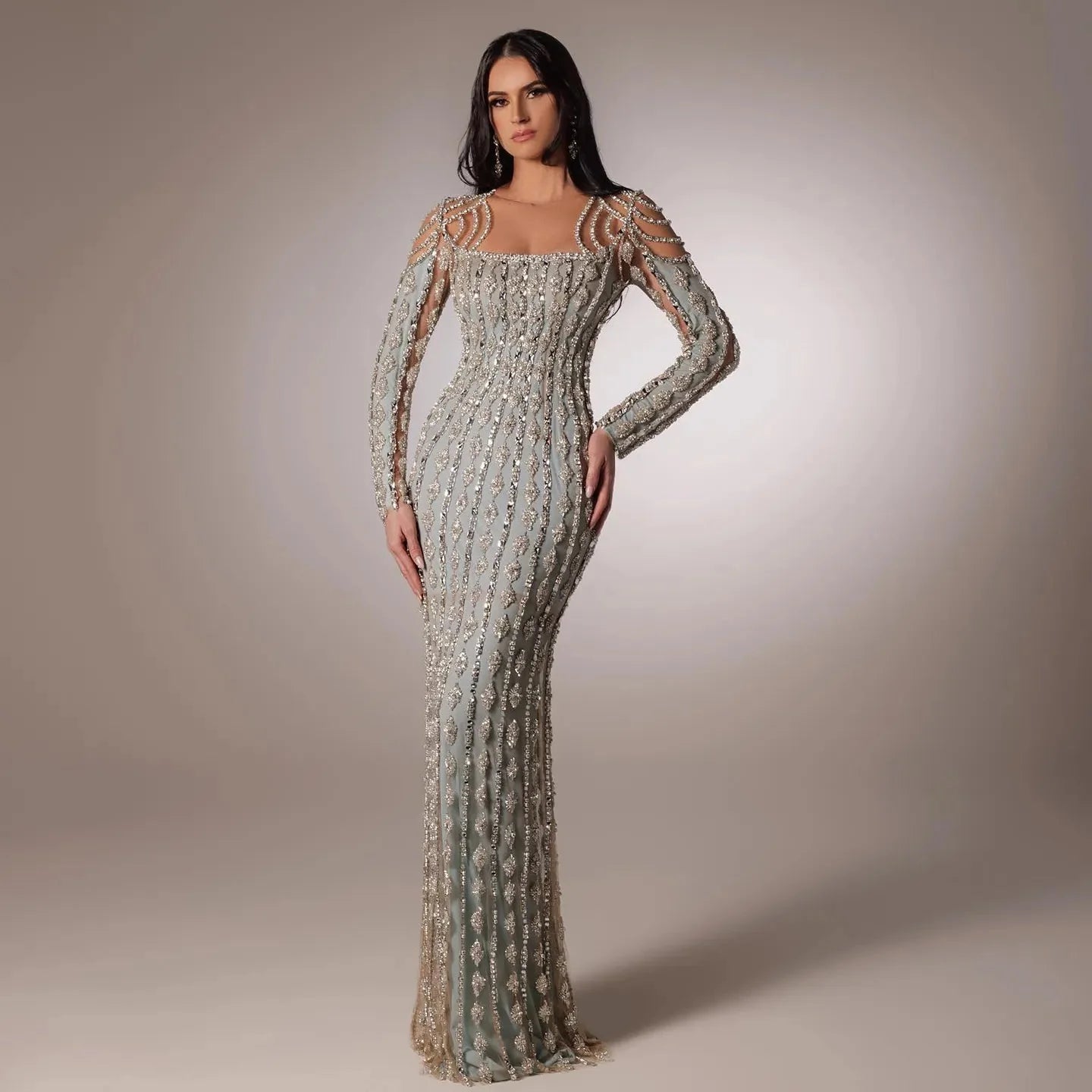 Luxury Sage Green Long Sleeves Mermaid Evening Dress SS398