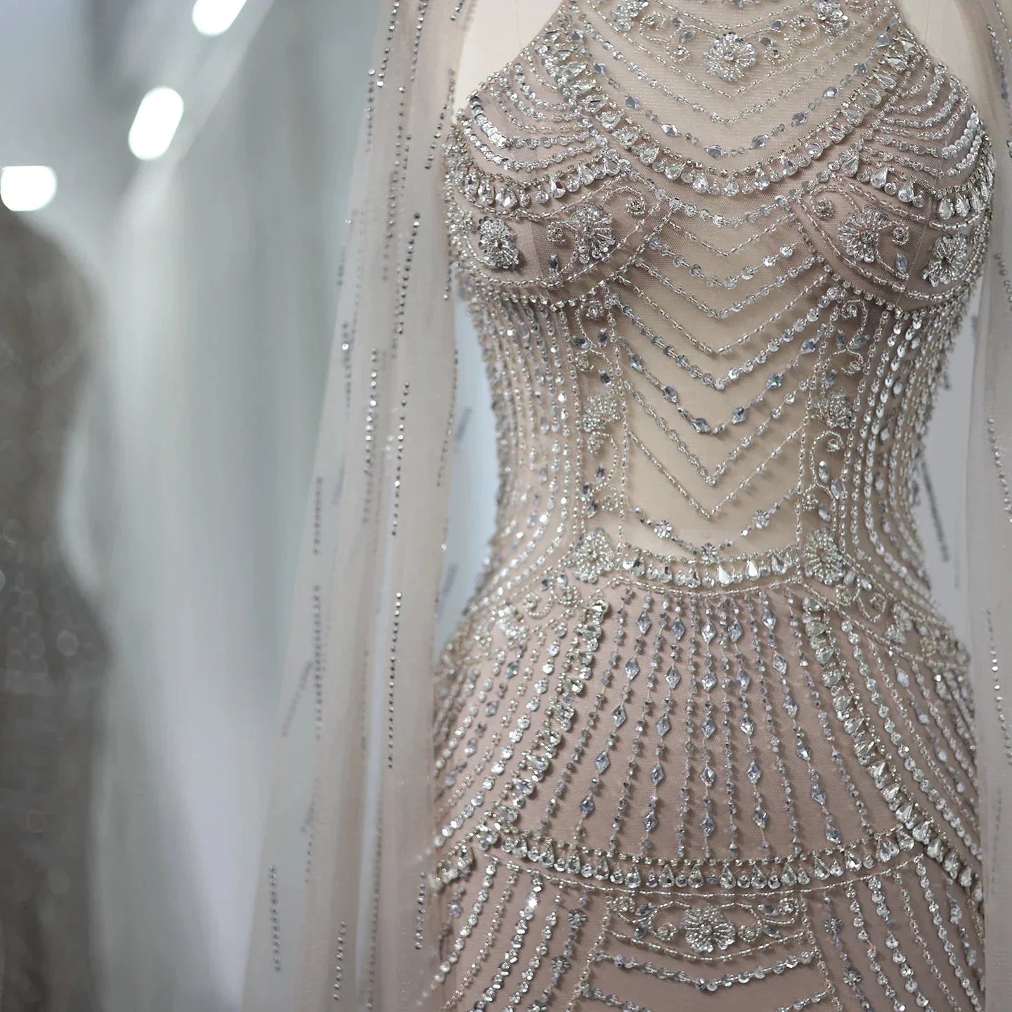 Luxury Champagne Evening Dress with Cape Sleeves SS077