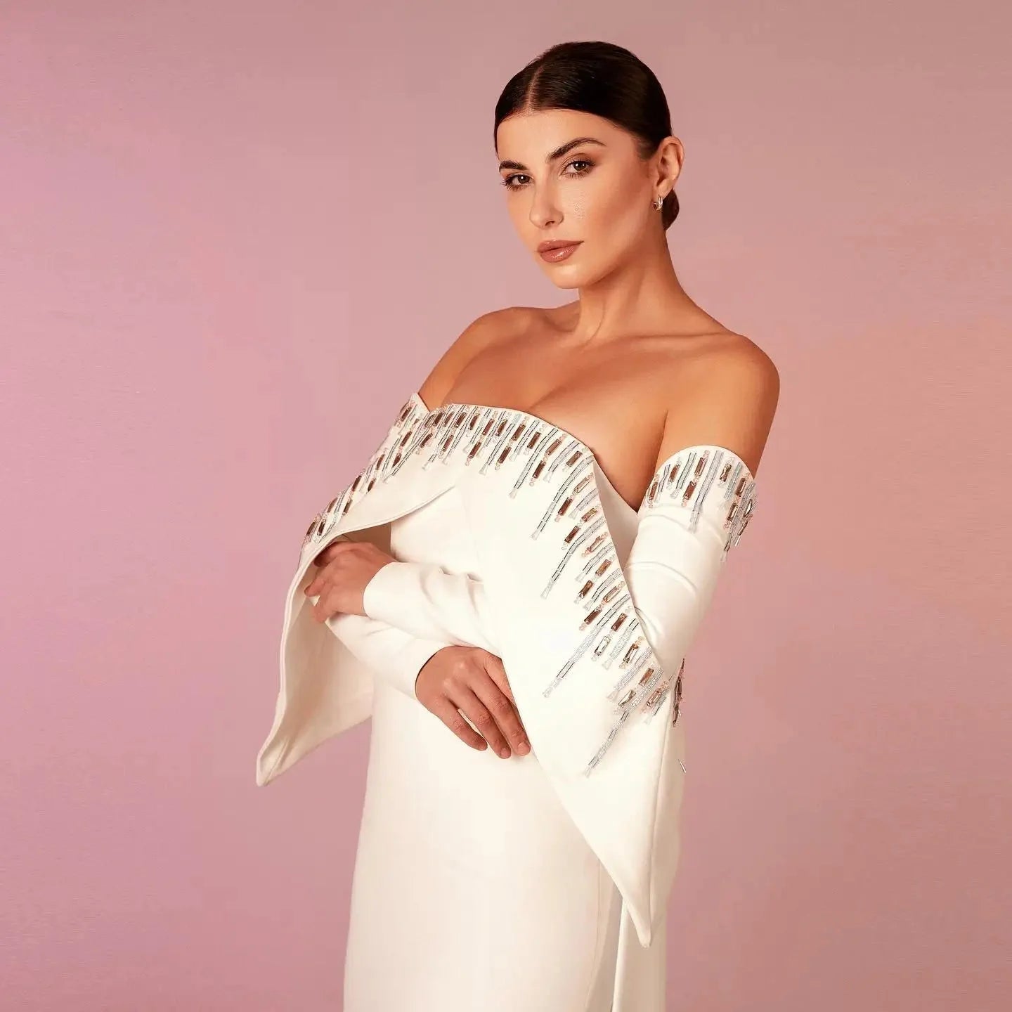 Elegant White Off Shoulder Long Sleeves Evening Dress with Cape SF008