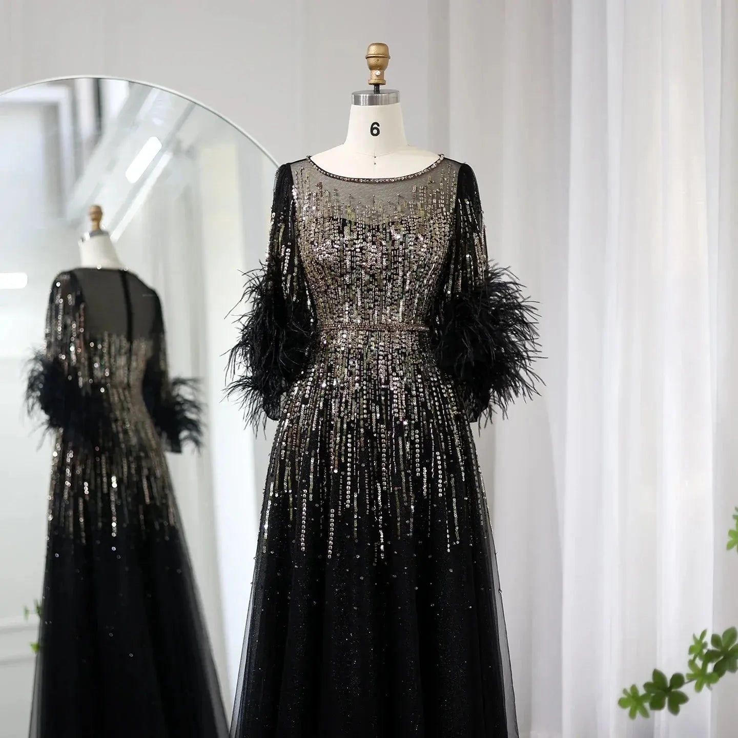 Luxury Feathers Black Half Sleeve Evening Dress SS339 Sharon Said