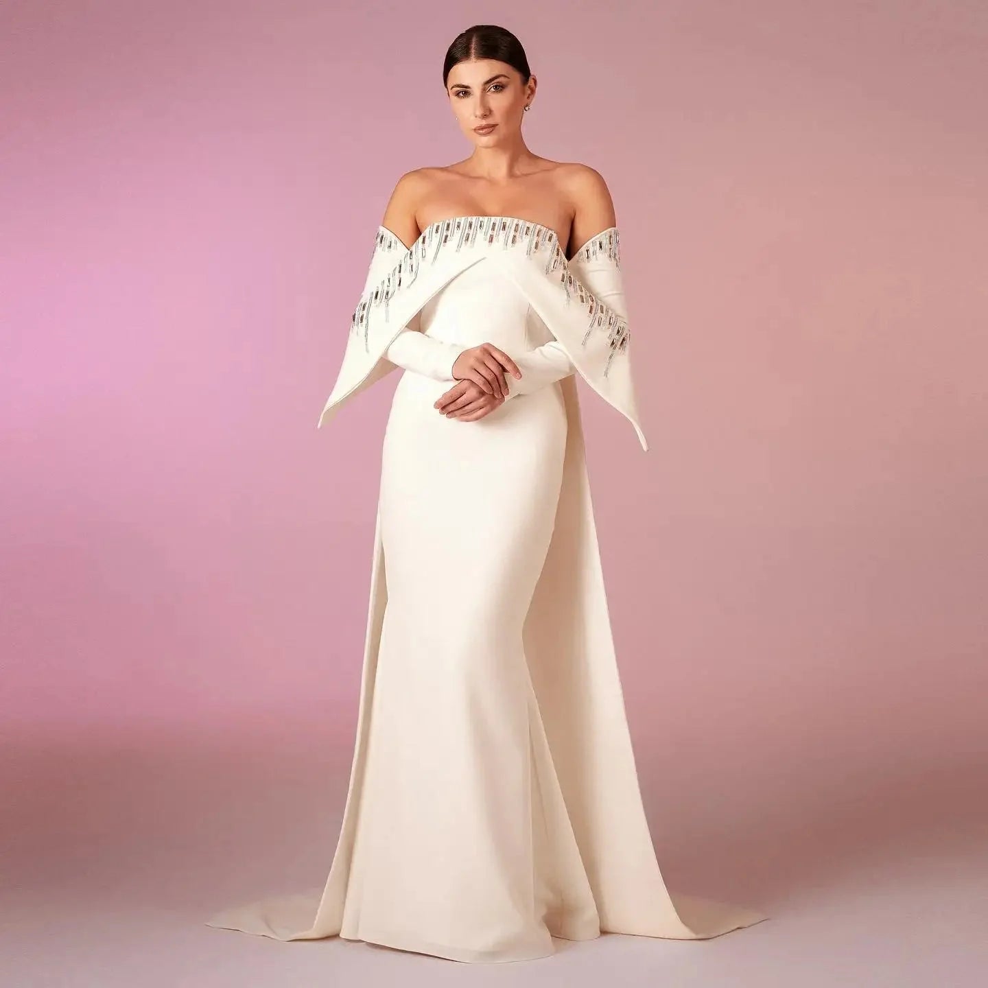Elegant White Off Shoulder Long Sleeves Evening Dress with Cape SF008