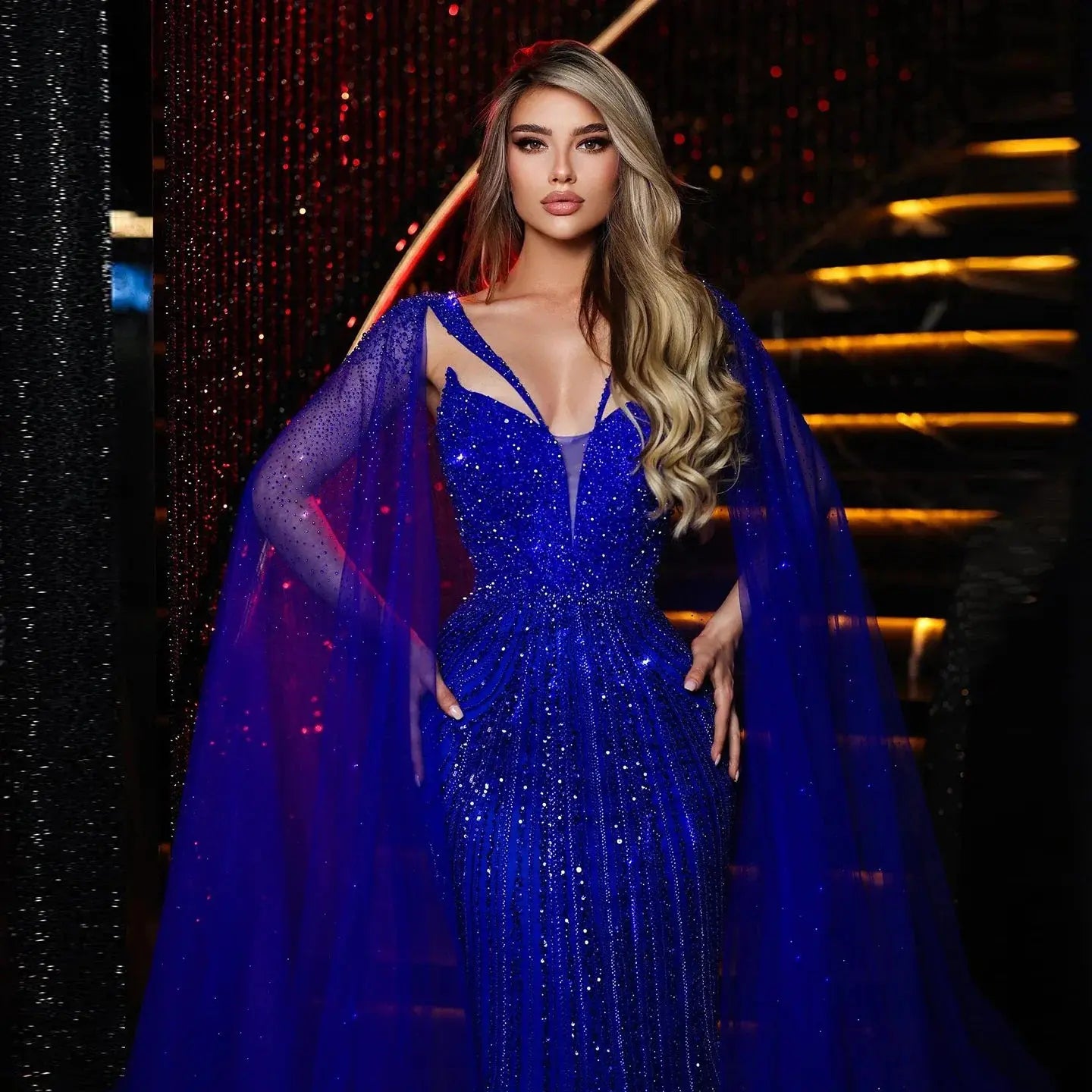 Luxury Royal Blue Evening Dress with Cape Sleeve SS176 Sharon Said