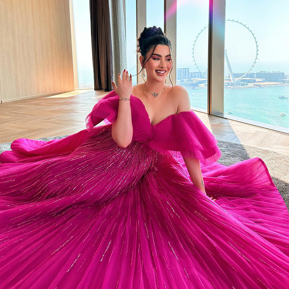 Luxury Off Shoulder Ball Gown Fuchsia Evening Dress SS390