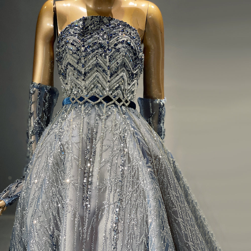 Glitter Crystal Beaded Blue Evening Dress with Sleeves SS752