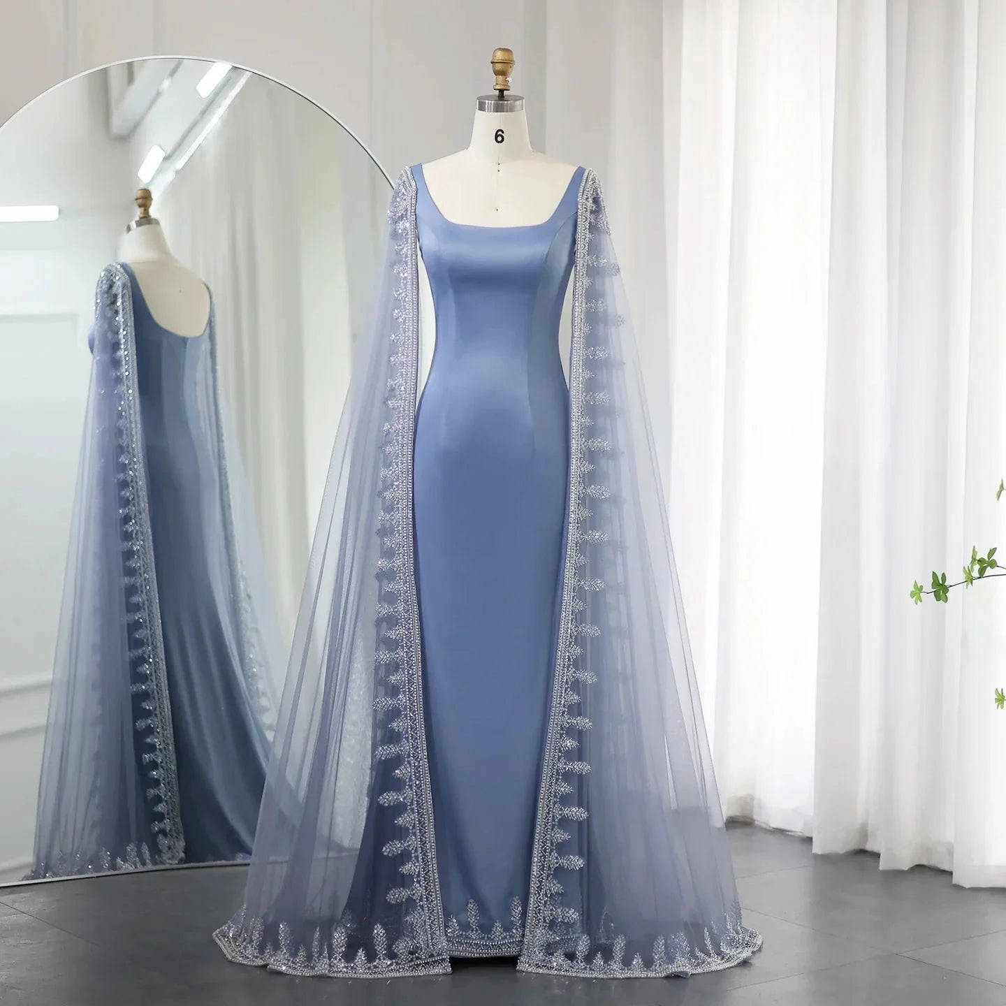 Luxury Crystal Blue Evening Dress with Cape Sleeves SS445  Blue / US 16