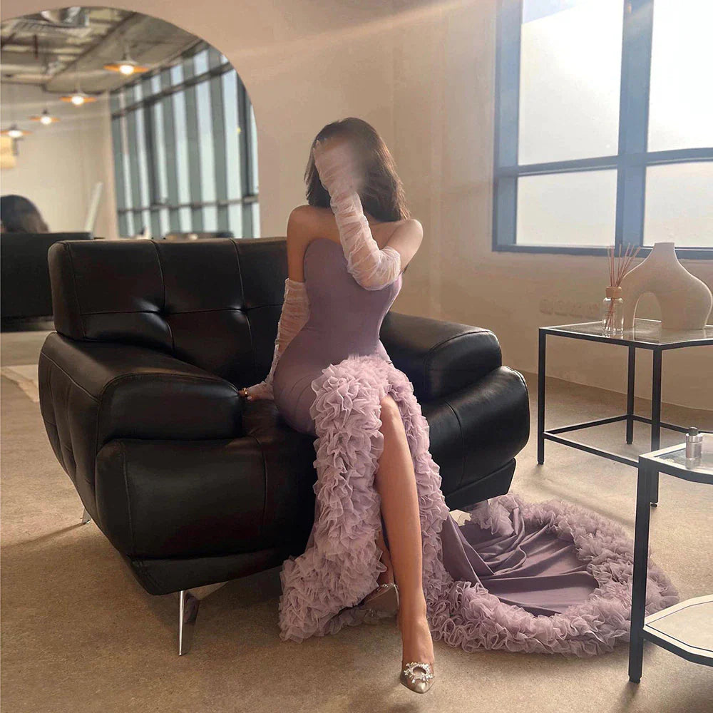Dreamy Vow Lilac Ruffles Mermaid Arabic Dubai Evening Dresses for Woman Wedding Party 2023 Elegant Long Formal Gowns F004
