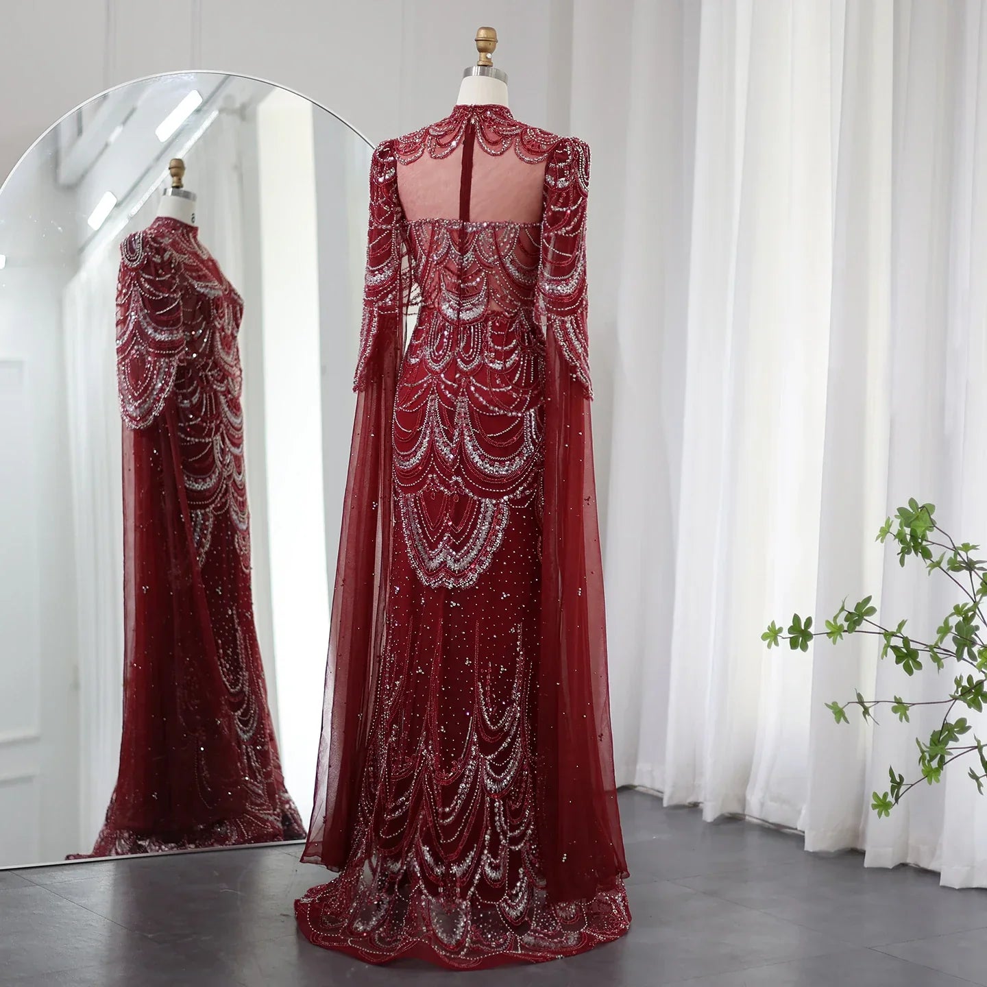 Dreamy Vow Green Luxury Dubai Mermaid Evening Dresses with Cape Sleeves Arabic Muslim Women Wedding Party Gowns Plus Size 145