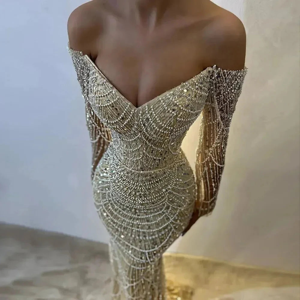 Luxury Off Shoulder Long Sleeves Mermaid Evening Dress SS609