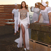 Dreamy Vow Luxury Dubai Mermaid White Evening Dress 2023 Sexy Scalloped High Slit Prom Dresses for Women Wedding Party 416