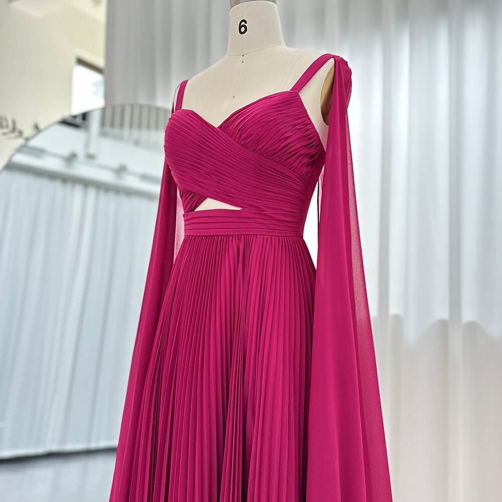 Dreamy Vow Arabic Fuchsia Chiffon Dubai Evening Dresses with Cape Sleeves Elegant Yellow Women Wedding Party Formal Gowns F090