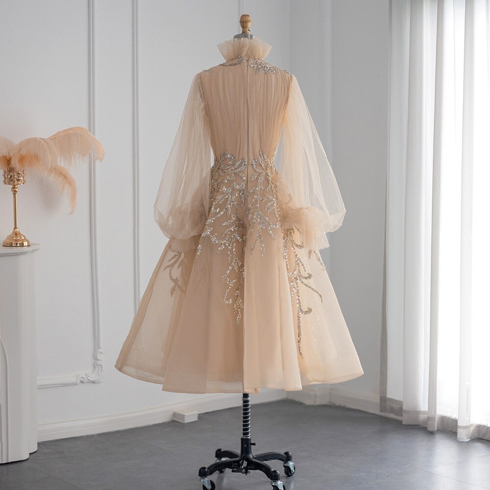 Dreamy Vow Champagne Long Sleeve Muslim Evening Dresses Luxury Dubai Midi Short Arabic Formal Gowns for Wedding Party 496