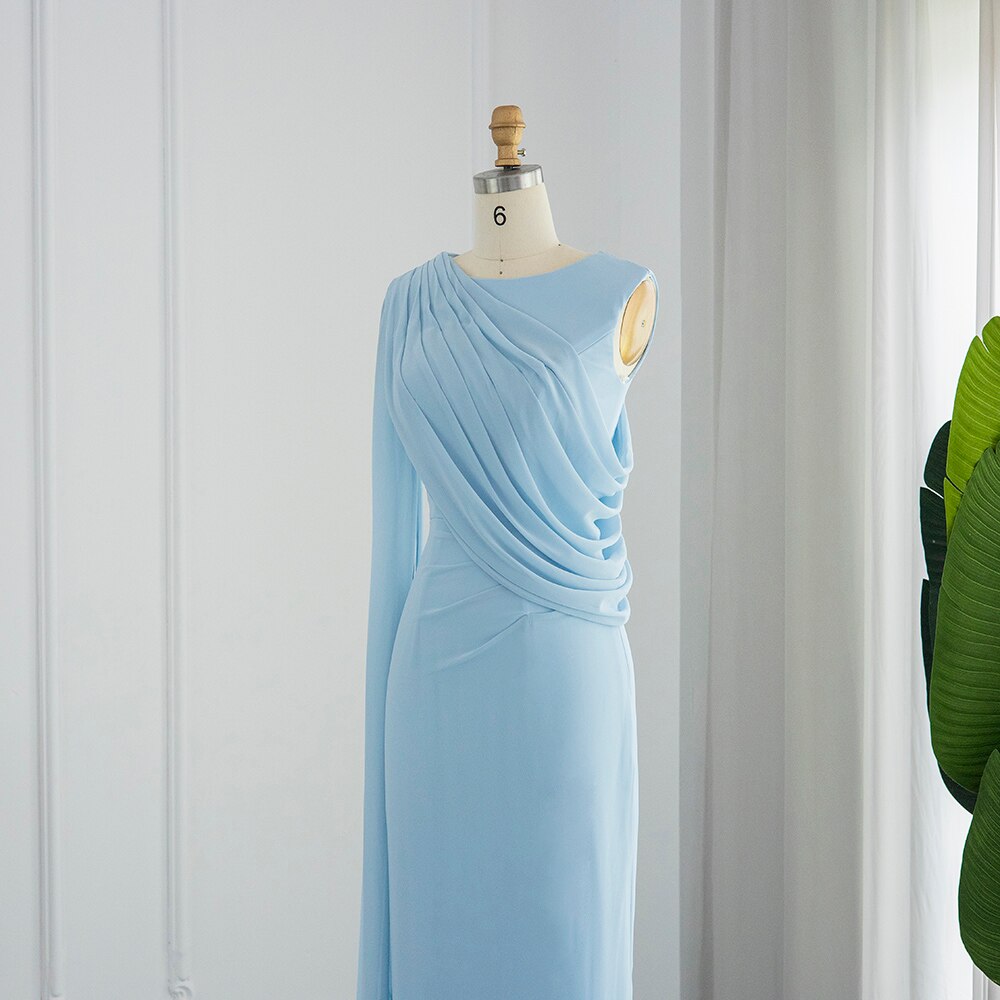 Dreamy Vow Elegant Light Blue Arabic Evening Dresses with Feathers Cape Luxury Dubai Formal Party Dress for Women Wedding 312