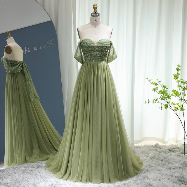 Dreamy Vow Elegant Off Shoulder Sage Evening Dresses for Women Wedding Guest Luxury Beaded Arabic Long Formal Party Gown 314