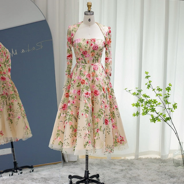 Dreamy Vow Garden Embroidery Short Evening Dress with Jacket Ankle Length Midi Formal Party Gowns for Women Wedding Guest 232