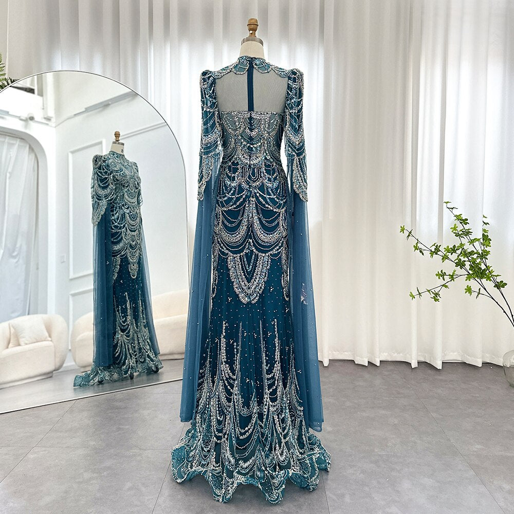 Dreamy Vow Green Luxury Dubai Mermaid Evening Dresses with Cape Sleeves Arabic Muslim Women Wedding Party Gowns Plus Size 145