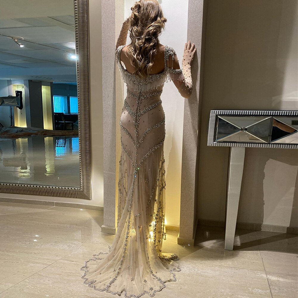 Dreamy Vow Kendall Jenner Nude Mermaid Luxury Dubai Evening Dresses 2023 Crystal Tassel Long Prom Graduation Party Gowns 358