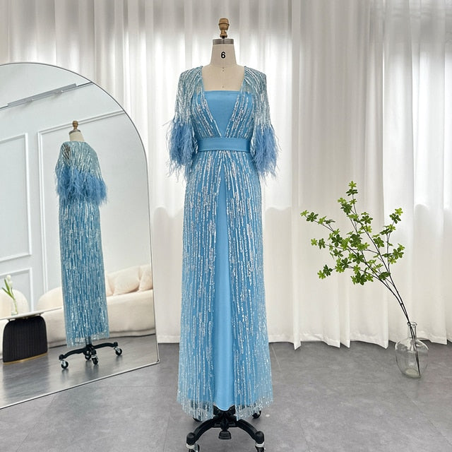 Dreamy Vow Light Yellow Luxury Dubai Feathers Evening Dresses for Women Wedding Party Arabic Purple Formal Prom Gowns 430