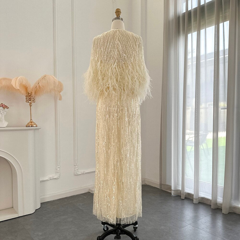 Dreamy Vow Light Yellow Luxury Dubai Feathers Evening Dresses for Women Wedding Party Arabic Purple Formal Prom Gowns 430