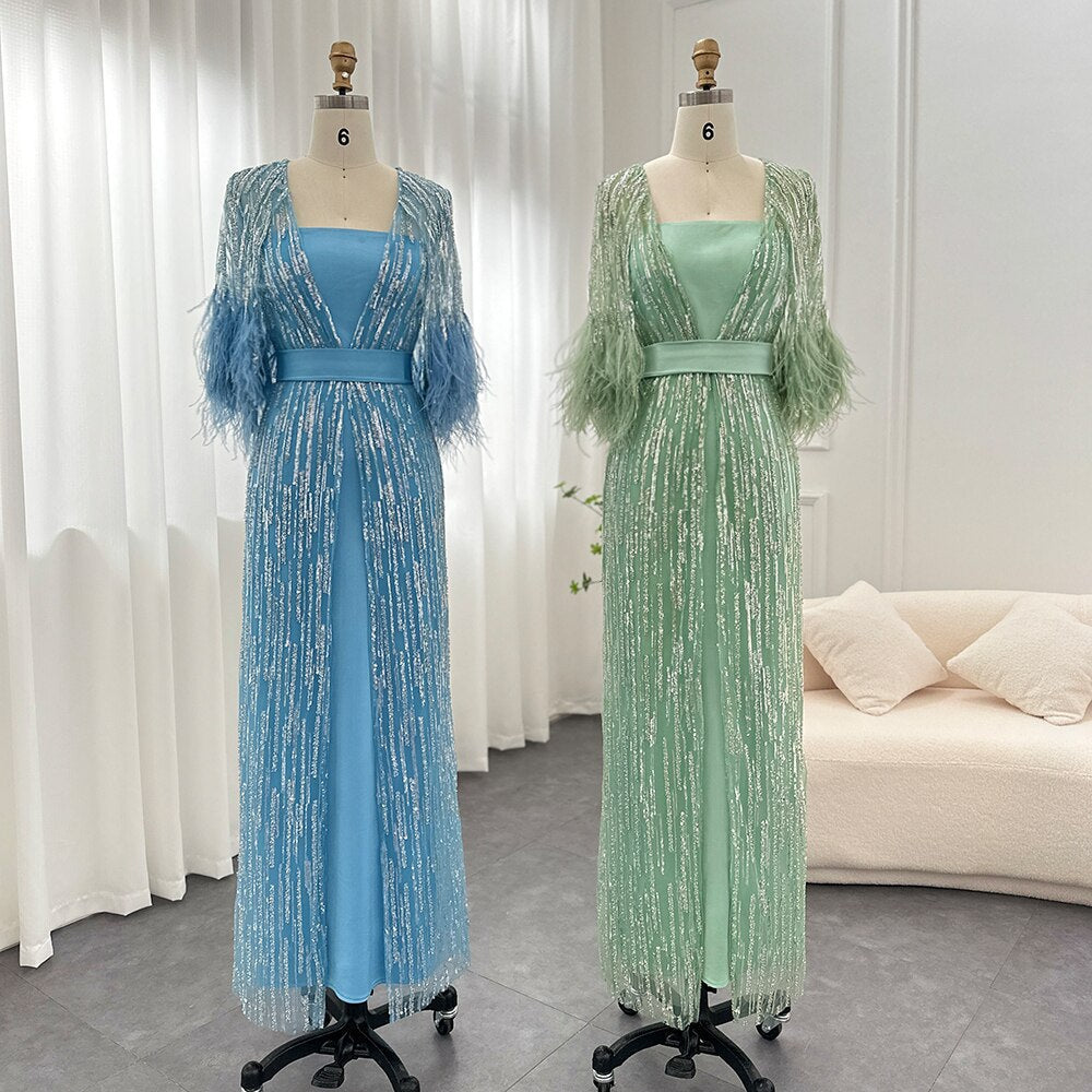 Dreamy Vow Light Yellow Luxury Dubai Feathers Evening Dresses for Women Wedding Party Arabic Purple Formal Prom Gowns 430