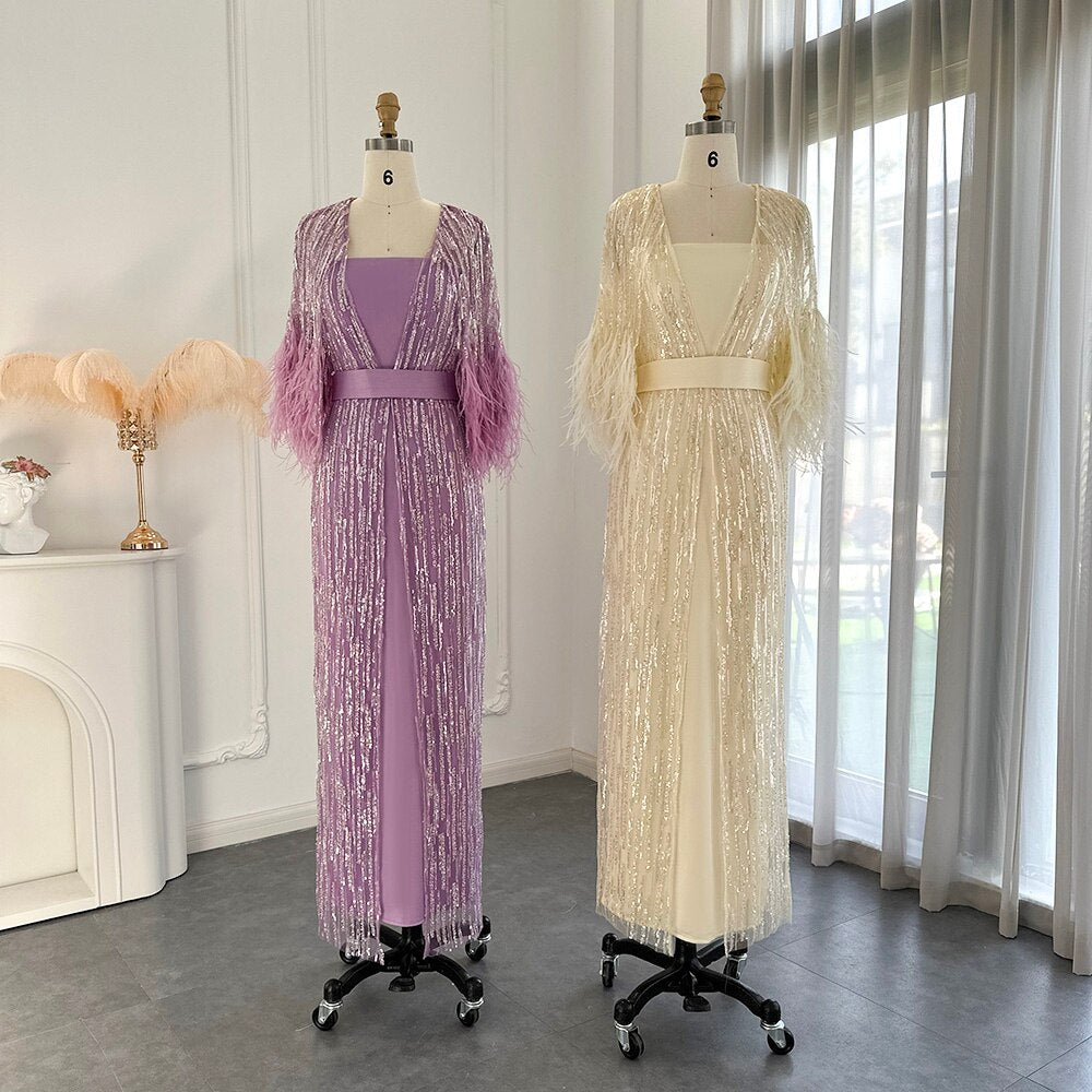 Dreamy Vow Light Yellow Luxury Dubai Feathers Evening Dresses for Women Wedding Party Arabic Purple Formal Prom Gowns 430