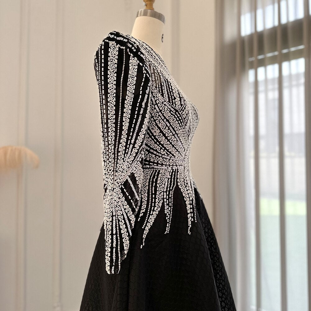 Dreamy Vow Luxury Black Short Muslim Evening Dress Long Sleeve 2023 Elegant A-Line Arabic Women Party Prom Formal Dresses 212