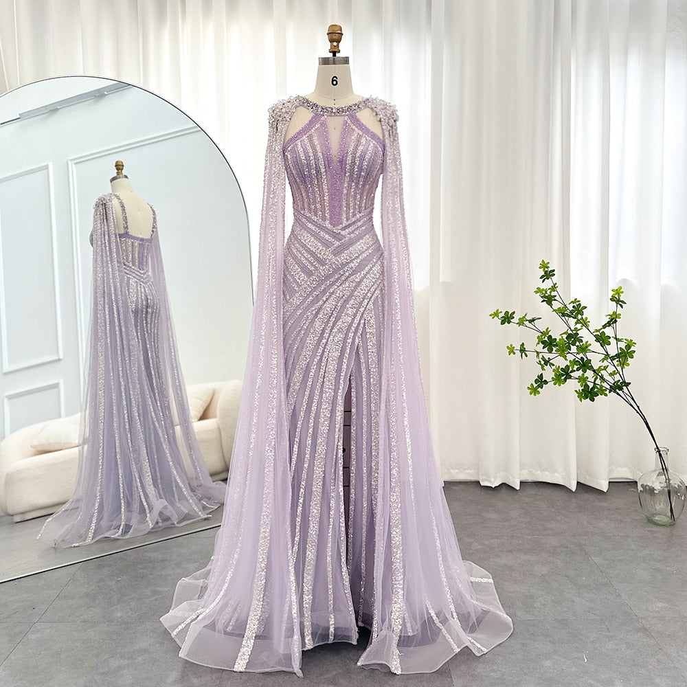 Dreamy Vow Luxury Crystal Dubai Yellow Evening Dress with Cape Sleeves 2023 Lilac Arabic Mermaid Women Wedding Party Gown 203
