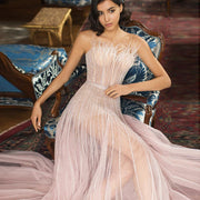 Dreamy Vow Luxury Dubai Black Feathers Evening Dresses for Women Wedding Party Elegant Long Pink Arabic Formal Prom Dress 401