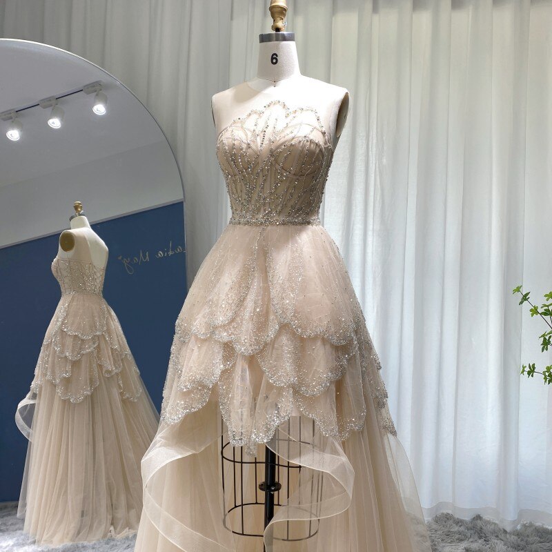 Dreamy Vow Luxury Dubai Champagne High Low Evening Dress Elegant Tiered Short Front Long Back Arabic Prom Party Gowns 249