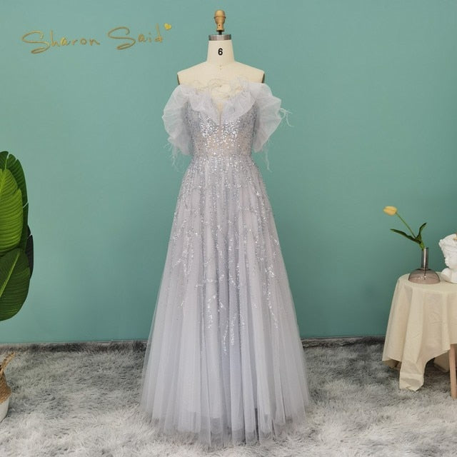 DreamyVow Luxury Dubai Feather Silver Evening Dresses Elegant Long Gold Lilac Women Formal Party Dress for Wedding Guest 081