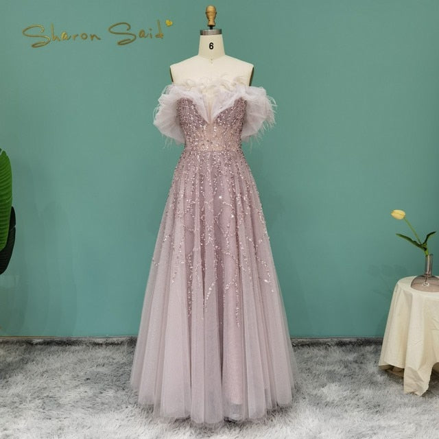 DreamyVow Luxury Dubai Feather Silver Evening Dresses Elegant Long Gold Lilac Women Formal Party Dress for Wedding Guest 081