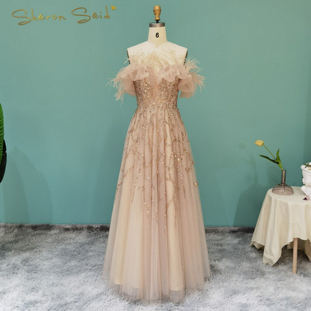 DreamyVow Luxury Dubai Feather Silver Evening Dresses Elegant Long Gold Lilac Women Formal Party Dress for Wedding Guest 081