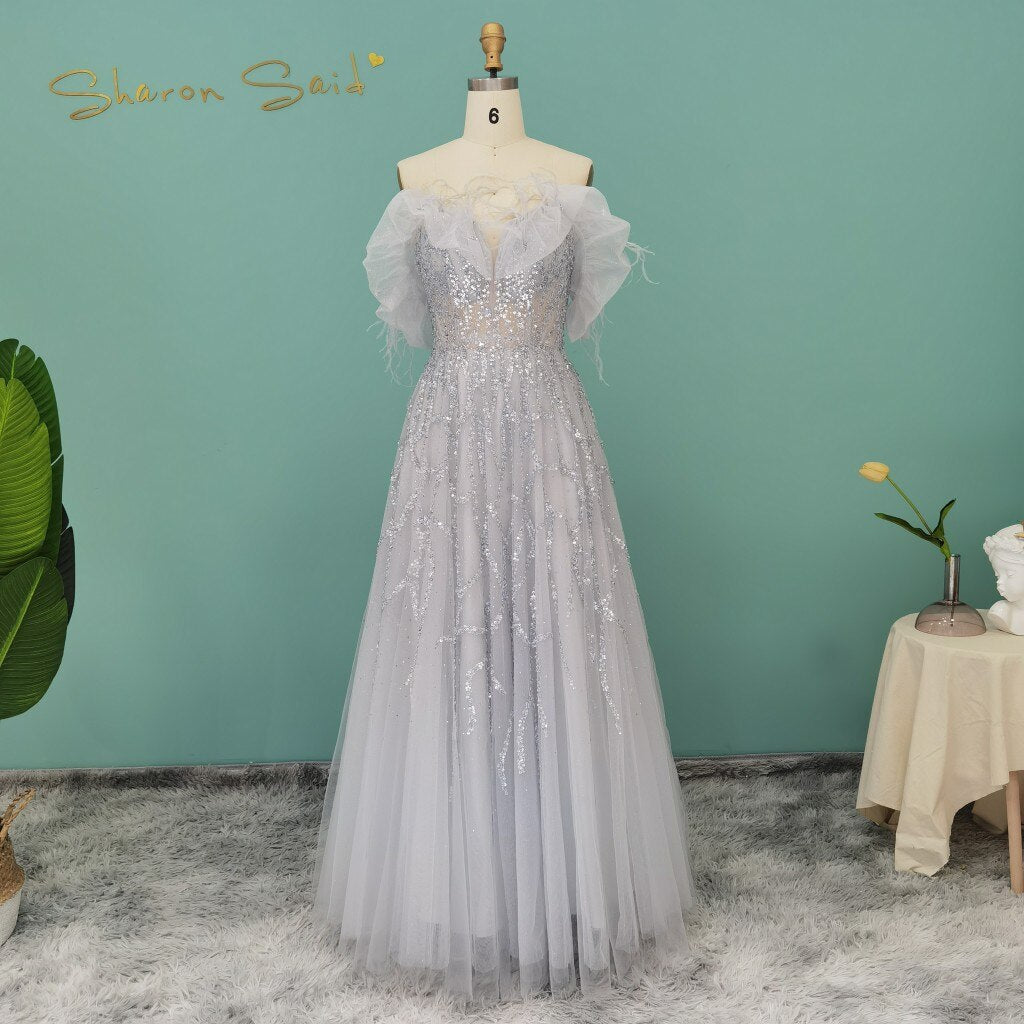 DreamyVow Luxury Dubai Feather Silver Evening Dresses Elegant Long Gold Lilac Women Formal Party Dress for Wedding Guest 081