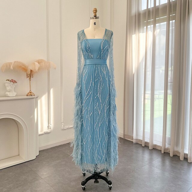 DreamyVow Luxury Dubai Feathers Light Yellow Evening Dresses with Cape Sleeves Arabic Purple Women Wedding Party Gowns 420