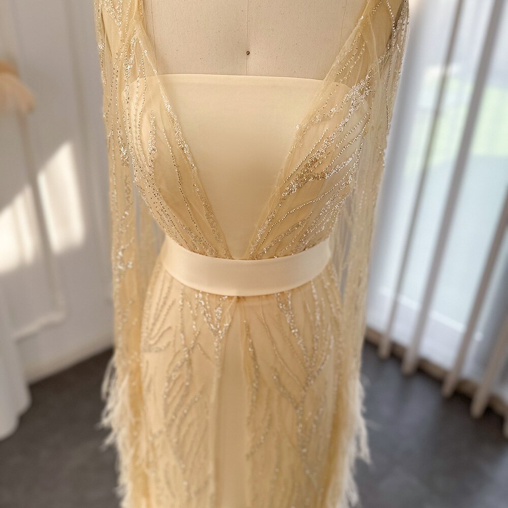 DreamyVow Luxury Dubai Feathers Light Yellow Evening Dresses with Cape Sleeves Arabic Purple Women Wedding Party Gowns 420