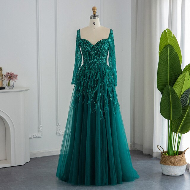 Dreamy Vow Luxury Dubai Feathers Lilac Evening Dresses for Women Wedding Elegant Emerald Green Arabic Formal Party Gowns 351