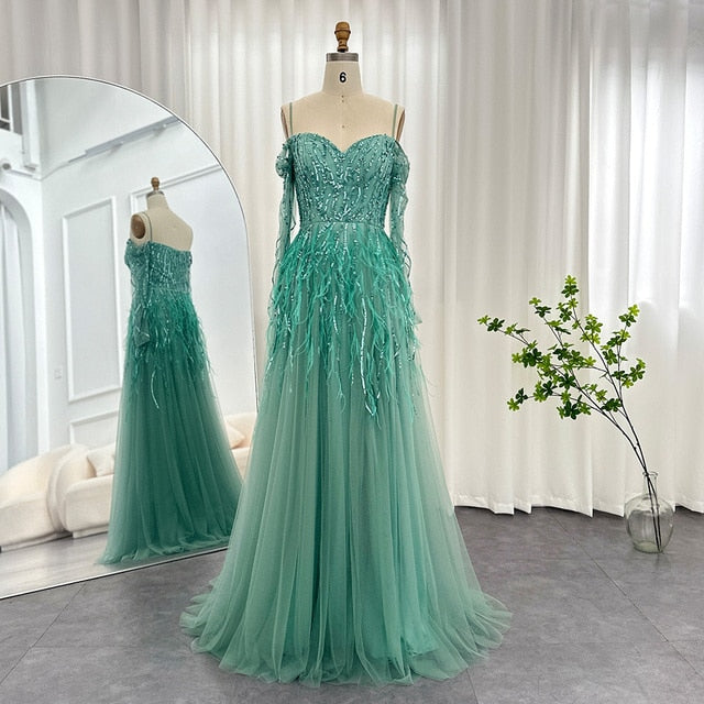 Dreamy Vow Luxury Dubai Feathers Lilac Evening Dresses for Women Wedding Elegant Emerald Green Arabic Formal Party Gowns 351