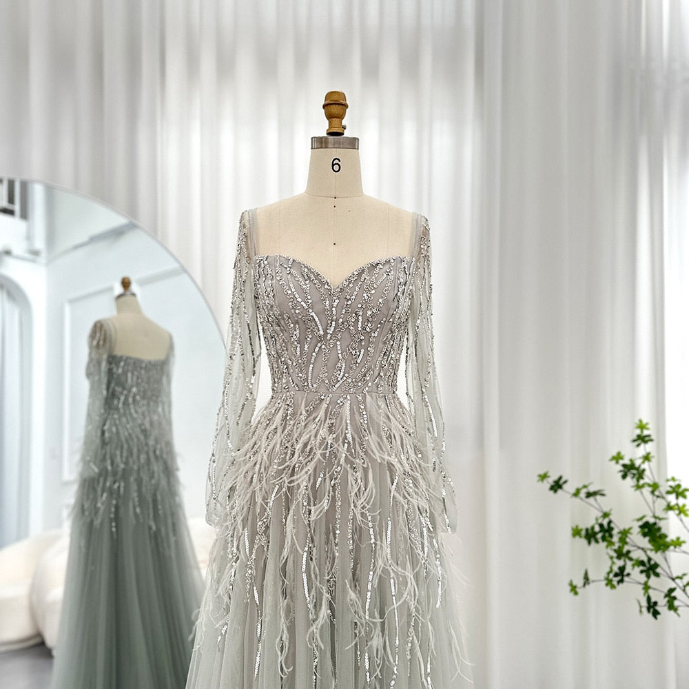 Dreamy Vow Luxury Dubai Feathers Lilac Evening Dresses for Women Wedding Elegant Emerald Green Arabic Formal Party Gowns 351