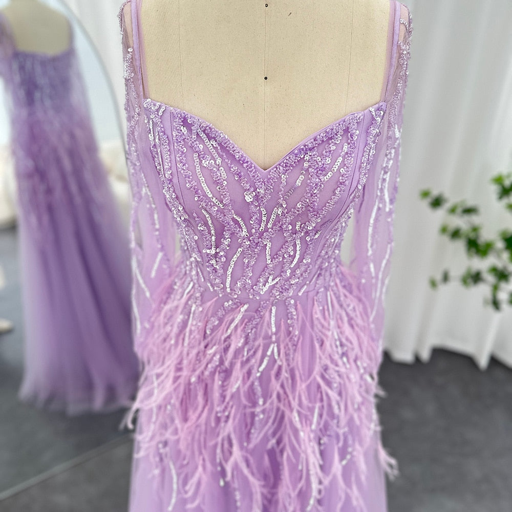 Dreamy Vow Luxury Dubai Feathers Lilac Evening Dresses for Women Wedding Elegant Emerald Green Arabic Formal Party Gowns 351